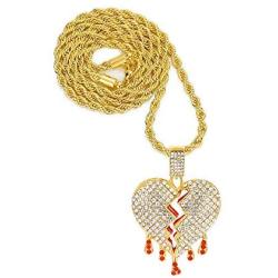 Mens Bling Iced Out Broken Heart Pendant Chain Fake Diamond Tennis Cuban with Heartbreaks 24 Inches