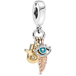 Bellestory All-Seeing Eye Feather Spirituality Dangle Charm Sterling Silver Heart Bead fit European Bracelets Necklace