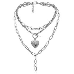 Ingemark Statement Cool Punk Chunky Chain Toggle Necklace for Women Girls Heart Shaped Photo Locket Pendant Layered Heart Locket Necklace (Style 3 Silver)