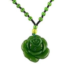 Green Jade Stabilized Turquoise Rose Pendant 26'' Necklace Bead Carved Long Large Boho Chain Genuine Certified Grade A Jadeite Hand Crafted, Jade Medallion, Rose Necklace