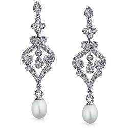 Bridal CZ Drop Dangle Chandelier White Freshwater Cultured Pearl Earrings For Women Silver Plated Jewelry For Wedding
