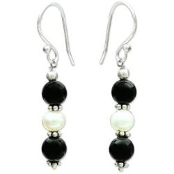 NOVICA Onyx Cream Cultured Akoya Pearl .925 Silver Beaded Hook Earrings, Midnight Dreams