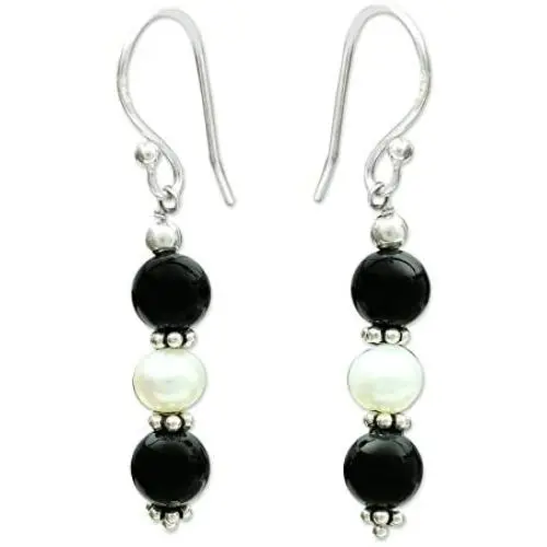 NOVICA Onyx Cream Cultured Akoya Pearl .925 Silver Beaded Hook Earrings, Midnight Dreams
