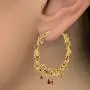 Steve Madden Womens Floral Design With Red Rhinestone Teardrop Dangle Charm Yellow Gold-Tone Large Hoop Earrings, One Size