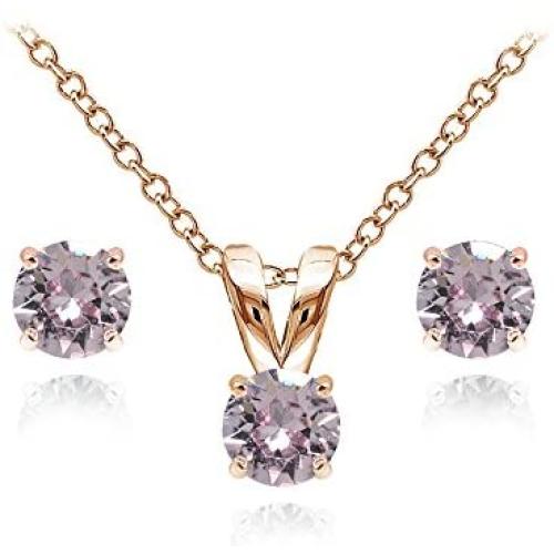 GemStar USA Rose Gold Flashed Sterling Silver Solitaire Necklace & Stud Earrings Set Made with Swarovski Crystals