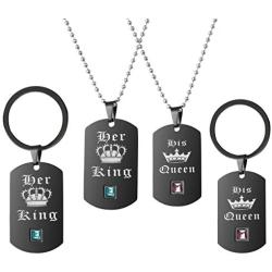 Uloveido Black Gold His Queen and Her King Stainless Steel Necklace Keychain Jewelry Set for Men Women