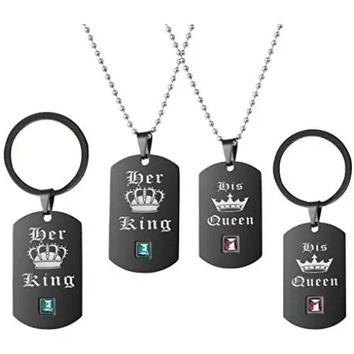 Uloveido Black Gold His Queen and Her King Stainless Steel Necklace Keychain Jewelry Set for Men Women Uloveido Black Gold His Queen and Her King Stainless Steel Necklace Keychain Jewelry Set for Men Women