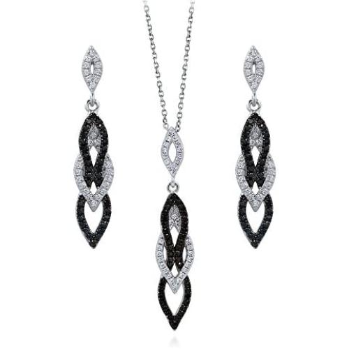 BERRICLE Rhodium Plated Sterling Silver Cubic Zirconia CZ Black and White Fashion Necklace and Earrings Set