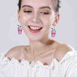 DAMLENG 4 Pairs Funny Cute Lemon Fruits Drink Cup Dangle Drop Earrings Sets Kawaii Acrylic Bubble Boba Tea Dangle Earrings for Women Girls