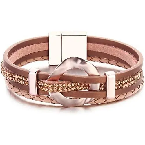 FANCY SHINY Leather Cuff Bracelet Circle Rhinestone Wrap Bracelet Stackable Multi Layer Wristband with Magnetic Clasp Boho Jewelry Gift for Women FANCY SHINY Leather Cuff Bracelet Circle Rhinestone Wrap Bracelet Stackable Multi Layer Wristband with Magnetic Clasp Boho Jewelry Gift for Women