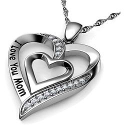 DEPHINI - Mom Necklace - 925 Sterling Silver - I Love You Mom - Heart Mum Pendant with CZ Crystals - Fine Jewellery Mothers Day Necklace - 18'' Rhodium Plated Silver Chain - A Cubic Zirconia