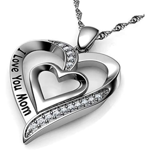 DEPHINI - Mom Necklace - 925 Sterling Silver - I Love You Mom - Heart Mum Pendant with CZ Crystals - Fine Jewellery Mothers Day Necklace - 18'' Rhodium Plated Silver Chain - A Cubic Zirconia