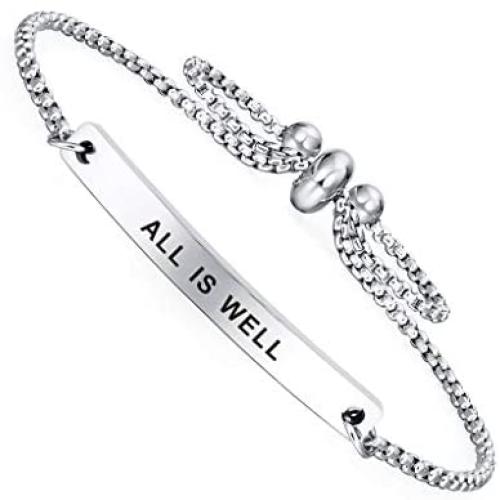 Dainty Cuff Bracelet - ALL IS WELL - Cute Inspirational Words Expandable Bangle Bracelet for Women Girls