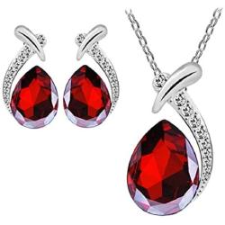 Harlorki Womens Shiny Crystal Rhinestone Silver Plated Pendent Chain Necklace Stud Earring Costume Fashion Jewelry Set (Red)