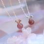 Strawberry Crystal Gem Cute Bunny Rabbit Pendant Delicate Jewelry S925 Sterling Silver Necklace Easter Valentines Day Christmas for Girls Women - Rose Gold