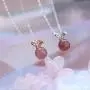 Strawberry Crystal Gem Cute Bunny Rabbit Pendant Delicate Jewelry S925 Sterling Silver Necklace Easter Valentines Day Christmas for Girls Women - Rose Gold