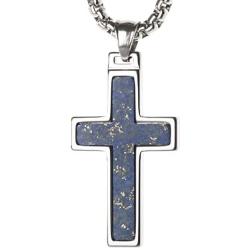 Unique GESTALT Lapis Lazuli Inlay Tungsten Cross Pendant. 4mm Wide Surgical Stainless Steel Box Chain.