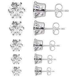 5 sizes Stainless Steel Stud Earrings Spectacular Cubic Zirconia Set in Hypoallergenic for Men, Women, Boys and Girls, Stones are 3, 4, 5, 6 and 7mm