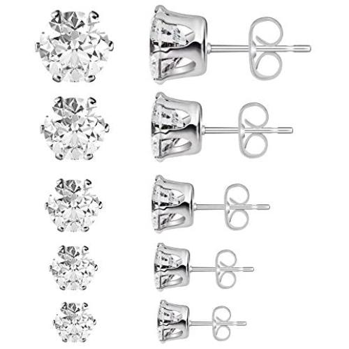 5 sizes Stainless Steel Stud Earrings Spectacular Cubic Zirconia Set in Hypoallergenic for Men, Women, Boys and Girls, Stones are 3, 4, 5, 6 and 7mm