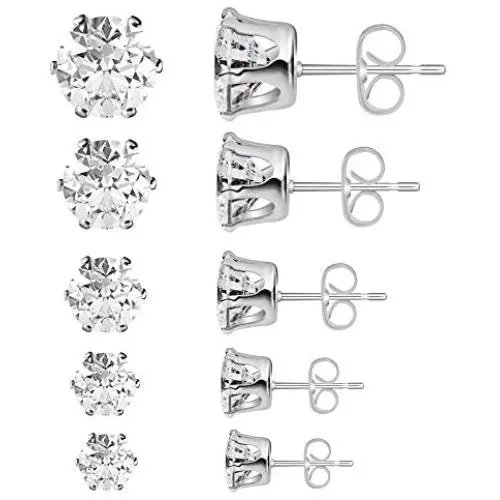 5 sizes Stainless Steel Stud Earrings Spectacular Cubic Zirconia Set in Hypoallergenic for Men, Women, Boys and Girls, Stones are 3, 4, 5, 6 and 7mm 5 sizes Stainless Steel Stud Earrings Spectacular Cubic Zirconia Set in Hypoallergenic for Men, Women, Boys and Girls, Stones are 3, 4, 5, 6 and 7mm