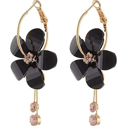 Camellia Flower Earrings for Women Minimalist Asymmetrical Circle Leaverback Long Dangle Earrings