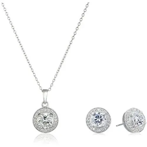 Amazon Collection Sterling Silver Cubic Zirconia Halo Pendant Necklace and Stud Earrings Jewelry Set Amazon Collection Sterling Silver Cubic Zirconia Halo Pendant Necklace and Stud Earrings Jewelry Set