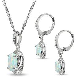 Sterling Silver Genuine or Synthetic Gemstone Oval Love Knot Leverback Earrings & Pendant Necklace Set