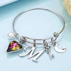 Memorjew Charm Bracelets for Women Girls, Crystal Heart Initial Charm Bracelets for Women Girls Jewelry Mothers Day Valentines Birthday Teen Girls Gifts, Flower Girl Bridesmaid Gifts for Wedding