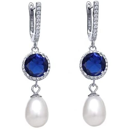 Gem Stone King 925 Sterling Silver Blue Simulated Sapphire Womens Dangle Earrings (5.79 Ct Round Cut 8MM)