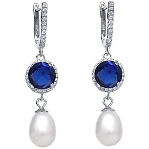 Gem Stone King 925 Sterling Silver Blue Simulated Sapphire Womens Dangle Earrings (5.79 Ct Round Cut 8MM)