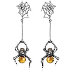 Ian and Valeri Co. Baltic Honey Amber Sterling Silver Spider Dangle Stud Earrings and Necklace Set Rolo Chain 18''