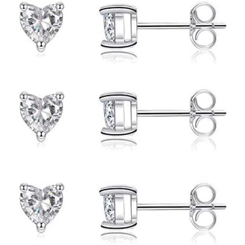 14k White Gold Plated Sterling Silver Post Heart Cut Cubic Zirconia Stud Earrings for Women | Faux Diamond Dainty Earrings, Set with 2mm 3mm 4mm 5mm