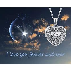 Heart Locket Moon Star Locket Necklace That Holds Pictures Sterling Silver Photo Lockets Cubic Zirconia Pendant Jewelry Gift for Birthday/Graduation/Anniversary Day/Friendship