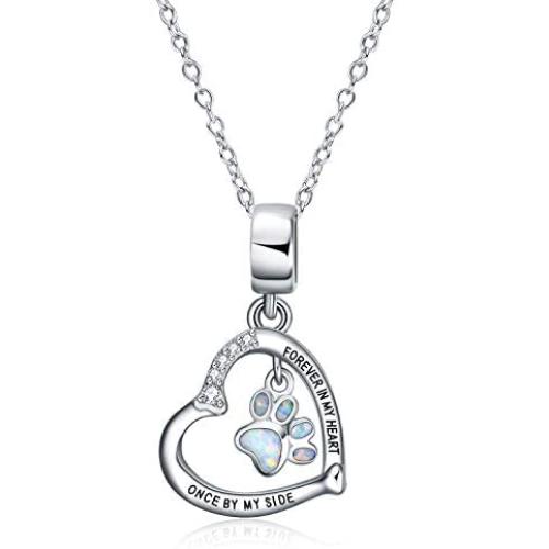 ONEFINITY Sterling Silver Cat Paw Print Necklace Opal Paw Jewelry Forever Heart Pendant Gift for Women (White Opal Cat Paw Print Necklace)