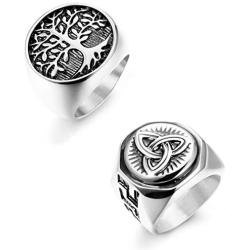 Hanpabum 2Pcs Stainless Steel Rings for Men Celtic Knot Signet & Tree of Life Rings Set Size 7-13