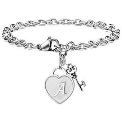 Joycuff Heart Initial Bracelets for Women Teen Girl Sister Best Friend Daugther Letter Charm Chain Stainless Steel Jewelry for Her