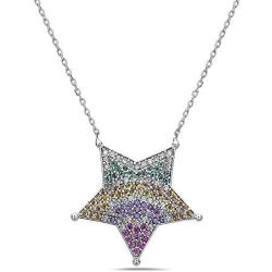 925 Sterling Silver with Rainbow CZ Large Star Pendant Necklace- Fine Jewelry-17 Cable Chain