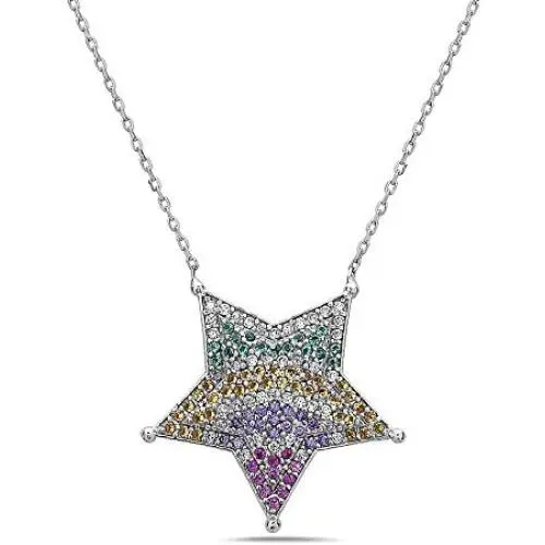 925 Sterling Silver with Rainbow CZ Large Star Pendant Necklace- Fine Jewelry-17 Cable Chain