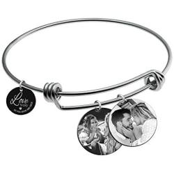 Qina C Love You to The Moon and Back Personalized Photo Engraving Bangle Dangle Charm Adjustable Wire Bracelet Inspirational Gift