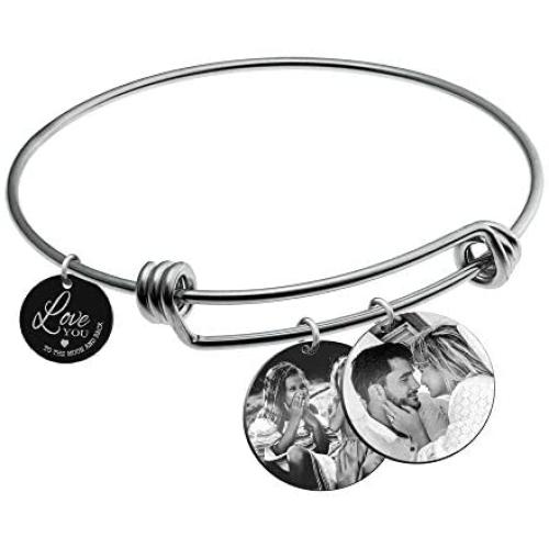 Qina C Love You to The Moon and Back Personalized Photo Engraving Bangle Dangle Charm Adjustable Wire Bracelet Inspirational Gift