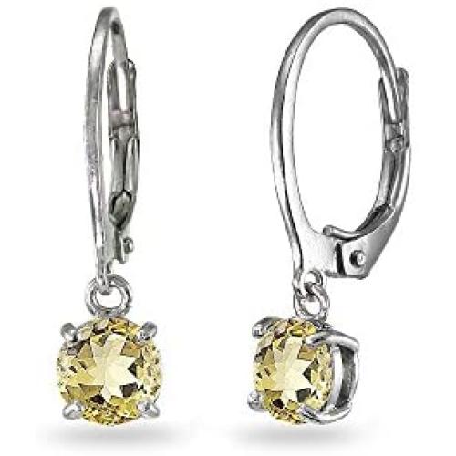 LOVVE Sterling Silver 6mm Round Dangle Dainty Leverback Earrings, Choice of 12 Genuine, Simulated or Created Birthstone Month Colors