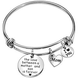 Mother and Son Jewelry Gifts from Son Bangles Mom I Love You Silver Charm Bracelets for Mother - The Love Between a Mother and Son is Forever