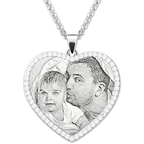 AILIN 925 Sterling Silver Photo Engraved Heart Shape Shimmer Necklace Custom Picture Image Text Engraved