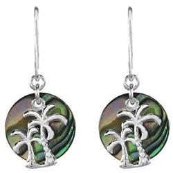 Sterling Silver Abalone or Simulated Turquoise Round Polished Palm Trees Dangle Earrings