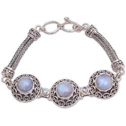 NOVICA Rainbow Moonstone and Blue Topaz .925 Sterling Silver Link Bracelet, 7'', Temple Roof