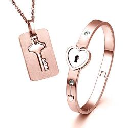 His & Hers Jewelry Matching Set, Couples Charm Key Necklace Lock Bracelet Set, Personalized Stainless Steel Jewelry Valentines Gift