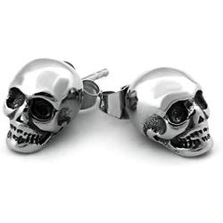 Warvik Biker Skull Stud Earrings Gothic Punk Skeleton Dangle Hip Hop Accessories, Stainless Steel Jewelry Mens Womens