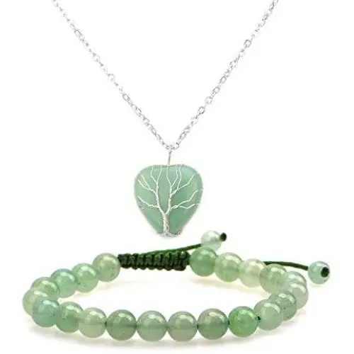 LPBeads Heart Healing Crystal Stone Necklace Wire Wrapped Tree of Life Chakra Pendant with Bracelet and Jewelry Bag LPBeads Heart Healing Crystal Stone Necklace Wire Wrapped Tree of Life Chakra Pendant with Bracelet and Jewelry Bag