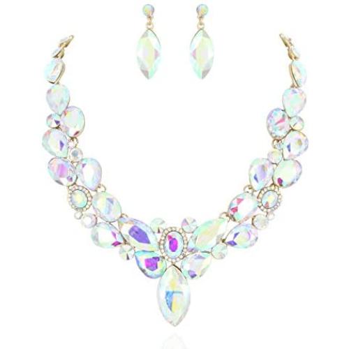 SP Sophia Collection Stunning Womens Round Collar Cluster Pendant Necklace with Matching Teardrop Stud Post Dangle Earrings Jewelry Set