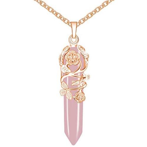 Bivei Vintage Reiki Healing Crystal Necklace Hexagonal Prism Quartz Point Stone Flower Wrapped Pendulum Pendant Jewelry